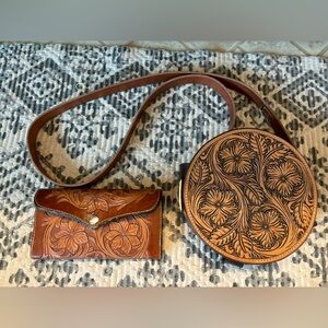Artisan Floral Leather Crossbody Bag Set